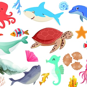 Watercolor Sea Creatures Clipart, Sea animals Svg, Under the Sea Clip Art - Ocean Life Illustrations graphics, Instant Download