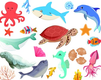 水彩画の海の生き物のクリップアート、海の動物のSVG、保育園の