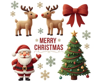 Faux Yarn Santa and Reindeer Png, Retro Crochet Christmas Sublimation Design Digital Download