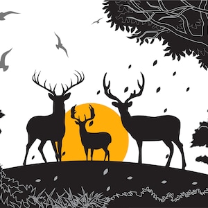 Scène d'hiver Svg, cerf dans la forêt des cliparts, svg de la Silhouette de cerf, ensemble d'illustrations de famille de cerf, jeu de soleil de la nature, à l'extérieur, téléchargement immédiat