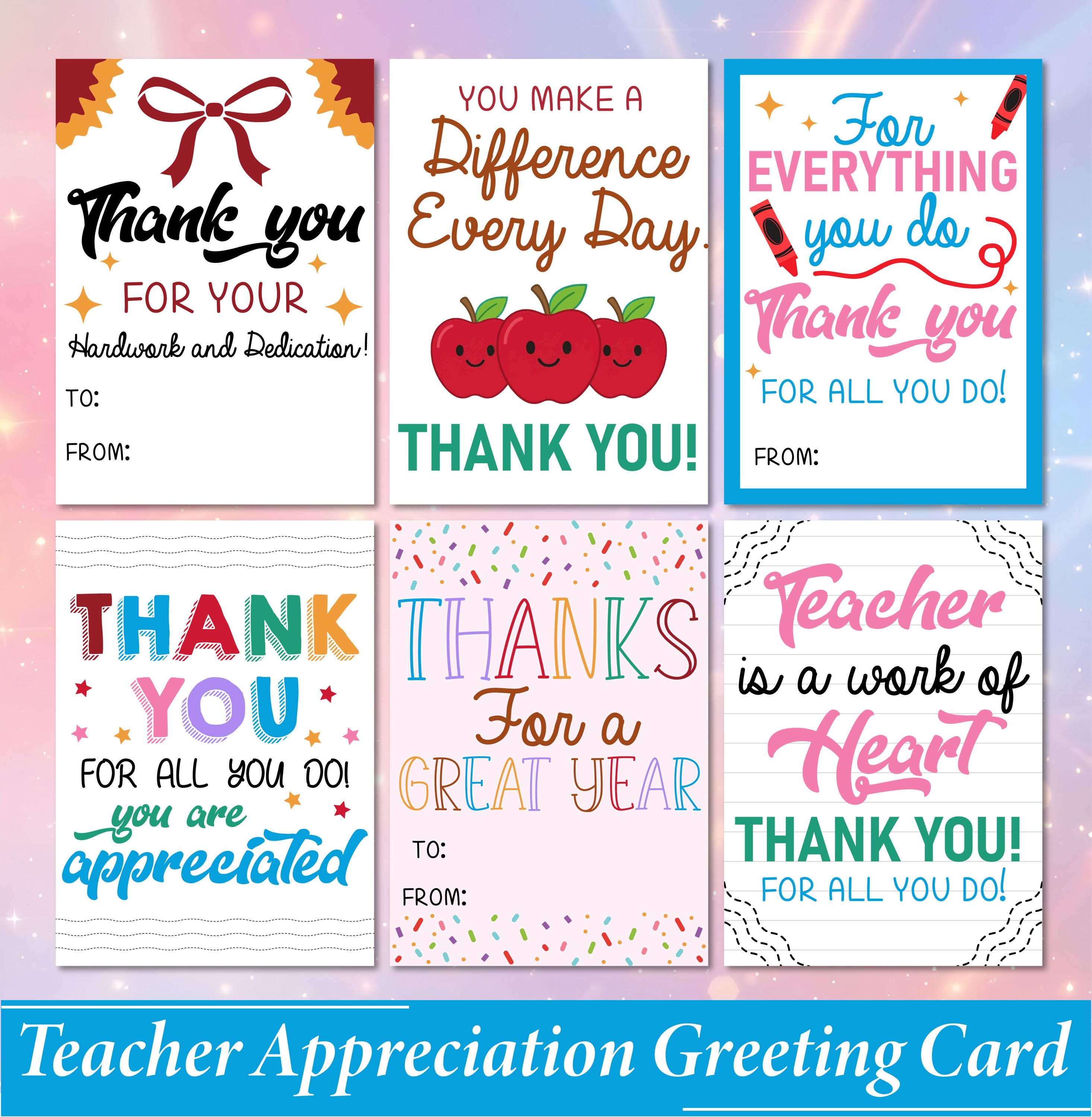 Teacher Appreciation Card Bundle: Thank You Cards for End of Year Gift ...