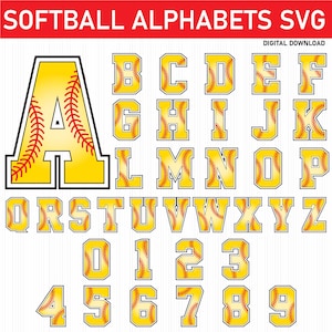 Softballetters en cijfers Svg-bundel, softballettertype PNG, Varsity Letters Design, softbalteamalfabet, universiteitslettertype PNG-afbeelding