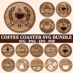 Puede incluir: Un conjunto de posavasos de madera con diseños de café, incluyendo tazas, granos y textos como "Cafe Roast" y "Coffee". Los posavasos son redondos y presentan un patrón de vetas de madera. También se muestra el texto "Coffee Coaster SVG Bundle".