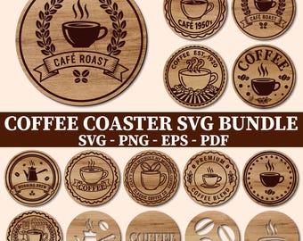 Coffee Coaster SVG Bundle, Rustic Cafe Coaster Designs, Laser Cut Engrave Files, Digital Download