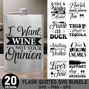 Paquete SVG de frases de matraces, frases divertidas sobre bebidas, frases sobre alcohol, archivo SVG de frasco, frases sobre whisky, posavasos, archivos de corte para Cricut