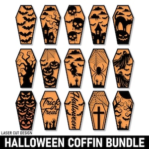 Könnte beinhalten: Eine Sammlung von lasergeschnittenen Halloween-Sargdesigns in Schwarz, vor einem orangefarbenen Hintergrund. Jeder Sarg zeigt einzigartige gruselige Silhouetten, darunter Fledermäuse, Totenköpfe, Spukhäuser und Spinnen. Der Text "Trick or Treat" und "Halloween" ist ebenfalls enthalten.