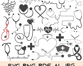 Paquete SVG de corazón con estetoscopio: Archivo de corte médico de enfermera (descarga digital)