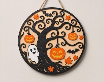 Halloween Tree Door Hanger SVG, Hanging Pumpkin Ghost Round Wooden Sign, Fall Porch Decor, Laser Cut File