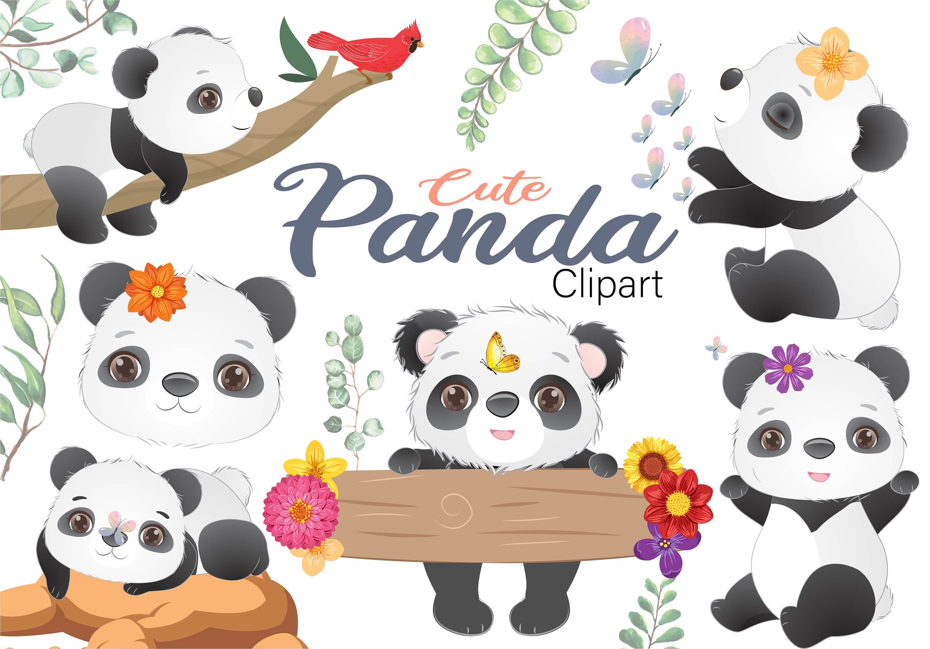 Cute Pandas Clip Art, Panda Clip Art, Panda Clipart, Cute Panda Clipart,  Kawaii Panda, Kawaii Clipart - pnd01