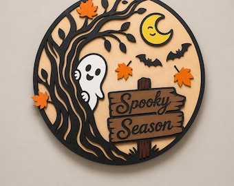 Spooky Season Halloween Sign SVG, Ghost Door Hanger Laser Cut File