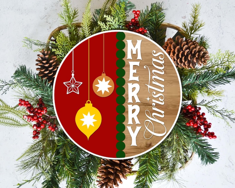 May include: A Christmas wreath with a wooden sign that says "MERRY Christmas". The sign is red and brown with hanging star and ornament decorations. The wreath is decorated with pinecones, red berries, and evergreen branches.