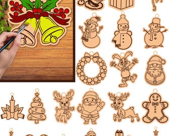 クリスマスペイントキット レーザーカットファイル、木製オーナメントカラーリングセット Glowforge (デジタルダウンロード)