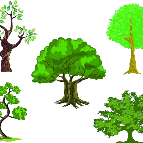 Oak Trees Clipart, Woodland Fall Oak Tree Clipart,  Pine Tree Nature Forest Woods SVG Bundle, Instant Download Digital Art