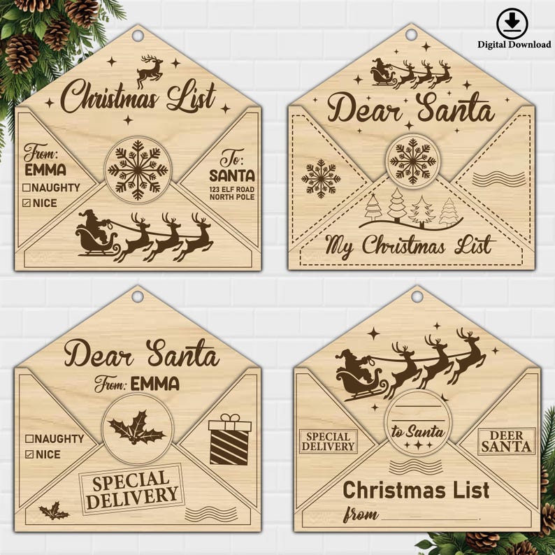 K&ouml;nnte beinhalten: Vier h&ouml;lzerne Weihnachtslisten-Anh&auml;nger mit einem Weihnachtsmann-Motiv. Jeder Anh&auml;nger hat ein anderes Design, darunter eine traditionelle Weihnachtsliste, ein Brief an den Weihnachtsmann und ein Spezialversand-Umschlag. Die Anh&auml;nger sind mit Schneeflocken, Rentieren und anderen festlichen Elementen verziert.
