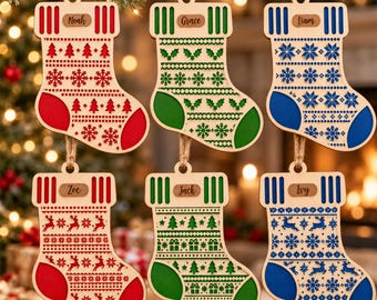 Personalized Christmas Stocking Ornament SVG Bundle, Custom Family Name Holiday Ornament Laser Cut File Glowforge Cricut DXF