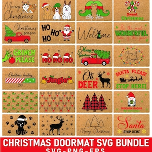 May include: A collection of Christmas doormats with various designs and text. Designs include cats, dogs, elves, Santa, reindeer, and festive phrases like "Meowy Christmas," "Welcome," and "Santa Please." The doormats are made of a natural fiber material.