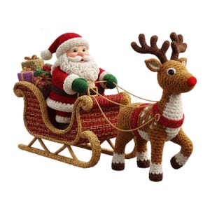 May include: A crocheted Santa Claus figure in a red suit and hat, with a white beard, driving a sleigh pulled by a reindeer. The sleigh is filled with wrapped gifts. The reindeer is brown with white spots and a red harness.