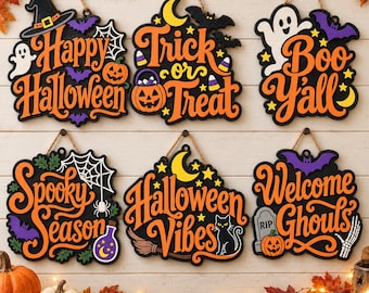 Happy Halloween Door Hanger SVG, Layered Laser Cut File, Witch Hat Ghost Bat Sign, Round Halloween Decor, Download PNG