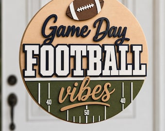 Football Game Day SVG, Football Vibes Door Hanger SVG, Layered Round Sign Laser Cut File, Digital Download