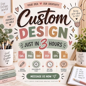 Pode incluir: Um gráfico promocional para serviços de design personalizado com o texto Custom Design Just in 3 Hours, juntamente com ícones para formatos de arquivo SVG, PNG, DXF, PDF, EPS e AI. O design inclui uma lâmpada, lápis, engrenagem e relógio.