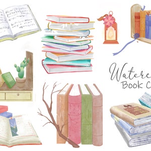 Watercolor book clipart Set, vintage books library Graphics, study items, Booklover Reading Clipart, Back To School Vector