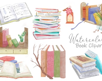 Pacchetto SVG PNG per libri di acquerelli: grafica di biblioteca vintage (download digitale)