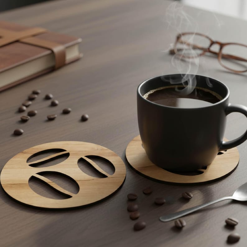 Puede incluir: Una taza de caf&eacute; negro con vapor ascendente, sobre un posavasos de madera con dise&ntilde;o de grano de caf&eacute;. Otro posavasos y granos de caf&eacute; dispersos. Tambi&eacute;n se ven una cuchara y gafas.