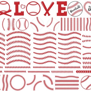 May include: A set of red baseball stitch graphics, including circles, lines, and arrows. The graphics are perfect for creating baseball-themed crafts, designs, and projects.