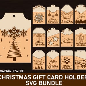 May include: A collection of Christmas gift card holders in various designs. The holders are in a light orange color with brown cut-out designs of snowflakes, Christmas trees, stars, bells, and Santa Claus. Text includes "Merry Christmas" and "Dear Santa STOP judging me".