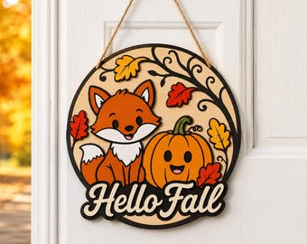 Cute Fox Hello Fall SVG, Round Door Hanger Sign, Layered Laser Cut File for Glowforge, Woodland Autumn Welcome Decor PNG