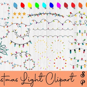 Op de afbeelding: Een set van 30 kerstlicht clipart-afbeeldingen. De afbeeldingen tonen verschillende stijlen van kerstverlichting, waaronder rechte lijnen, golvende lijnen en cirkels. De lampjes zijn in verschillende kleuren, waaronder rood, groen, blauw, geel en wit. De afbeeldingen zijn perfect om een feestelijke touch aan je kerstprojecten te geven.