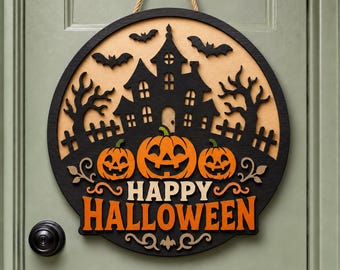 Haunted House Halloween SVG, Pumpkin Door Hanger, Happy Halloween Round Sign, Layered CNC Laser Cut File