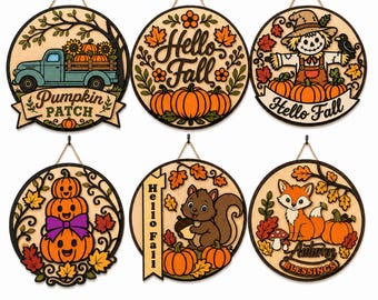 Fall Round Sign SVG Bundle, Laser Cut Door Hanger Files, Hello Fall Pumpkin Scarecrow Fox SVG, Glowforge Cricut Digital Download