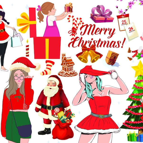 Cute Christmas Girls Clipart - Women's Fashion outfit Sublimation Digital Download, Winter Illustration, Christmas Gift SVG Bundle