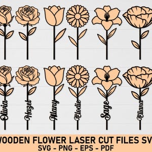 Può includere: File di taglio laser di fiori in legno con rose, tulipani e margherite in tonalità pesca chiaro con steli neri. Alcuni steli hanno nomi come Olivia e Hazel. Il testo "WOODEN FLOWER LASER CUT FILES SVG" è in basso.