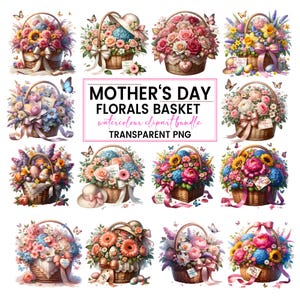 Könnte beinhalten: Ein Set mit 12 Aquarell-Clipart-Bildern von Blumenarrangements in Körben. Die Körbe sind mit Bändern und Schleifen verziert. Die Blumen sind in verschiedenen Farben, darunter Rosa, Lila, Gelb und Weiß. Die Bilder sind perfekt für Muttertagskarten, Einladungen und andere Bastelarbeiten.
