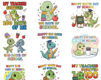 Paquete PNG de dinosaurios de 100 días de escuela / Diseño de sublimación de camisetas para maestros y estudiantes / Descarga digital