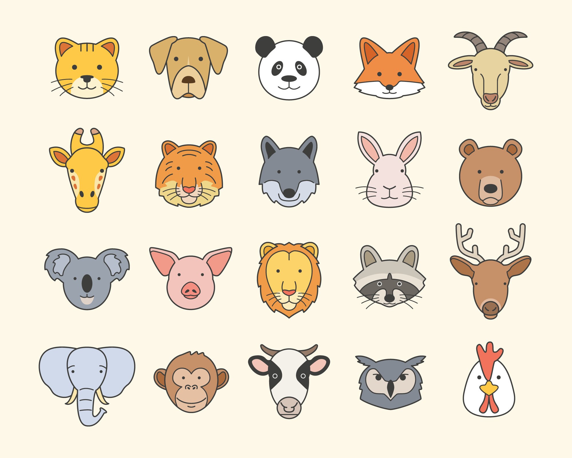 Animals Clipart Set Wild Animal Faces Clipart Digital Etsy