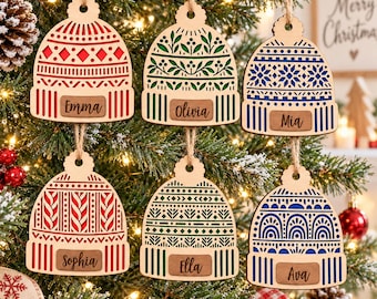 Personalized Christmas Beanie Hat Ornaments SVG Bundle | Winter Hat Name Ornament | Glowforge Layered Laser Cut Files | Christmas Decor