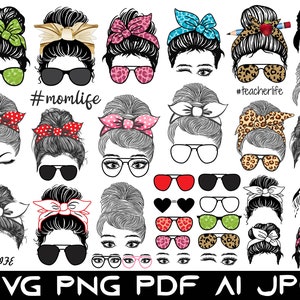 Paquete SVG de bollo desordenado, paquete de vida de mamá, bollo desordenado con gafas svg, momlife svg, mamá bollo con gafas de sol svg, archivos para silueta Cricut