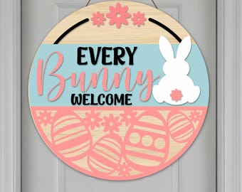 Easter Bunny Welcome Sign SVG: Spring Door Hanger, Glowforge Laser Cut File