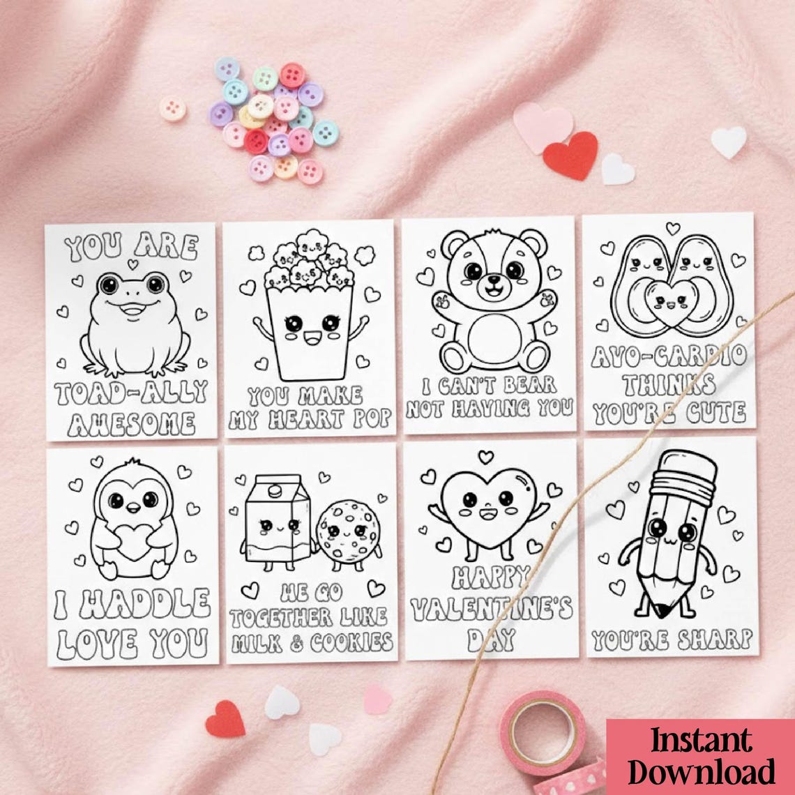 Kawaii Valentine Coloring Cards for Kids | Printable Classroom ...