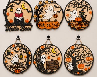 Spooky Halloween Door Sign SVG Bundle, Ghost and Pumpkin Laser Cut Files