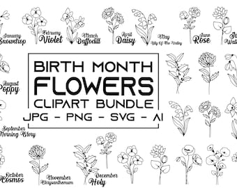 Birth Month Flower SVG Bundle: Floral Botanical Designs (PNG, SVG)
