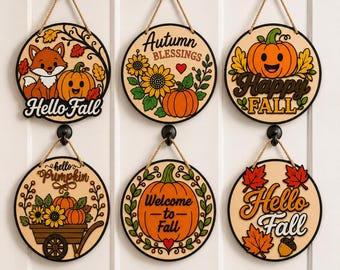 Happy Fall Pumpkin SVG Bundle, Pumpkin Season Door Hanger SVG Bundle, Cozy Fall Welcome Sign Laser Cut Files