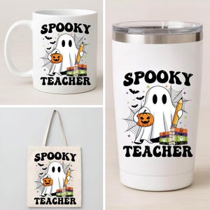 May include: Three white items with a Halloween theme. A coffee mug, a tumbler, and a tote bag each feature a ghost, pumpkin, pencil, books, bats, and the words "Spooky Teacher" in black.