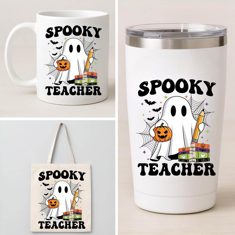 May include: Three white items with a Halloween theme. A coffee mug, a tumbler, and a tote bag each feature a ghost, pumpkin, pencil, books, bats, and the words "Spooky Teacher" in black.