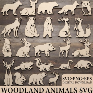 May include: A collection of wooden woodland animal cutouts, including a wolf, deer, bear, fox, owl, squirrel, rabbit, boar, and more. The text "WOODLAND ANIMALS SVG" and "SVG-PNG-EPS DIGITAL DOWNLOAD" are also visible.