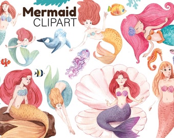 Cute Mermaid Clipart - Mermaid Princess Clip Art Design- Mermaids Graphic Images - Instant Digital Download - Sea Friends SVG Bundle