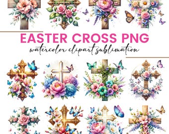 Cruz de Pascua PNG, Cruz floral de acuarela, Diseño cristiano religioso, Sublimación de flores de primavera